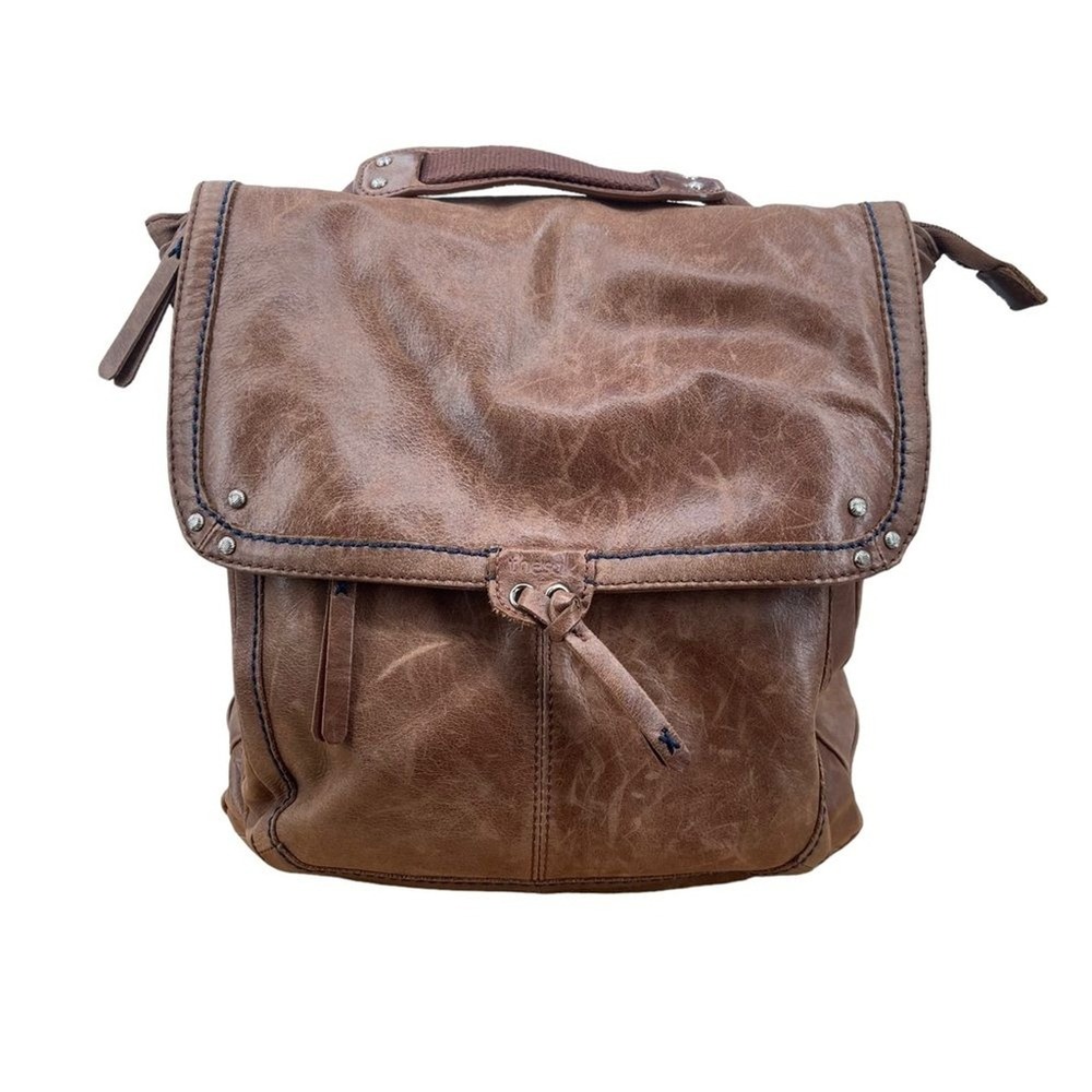 The Sak Brown Leather Convertible Backpack Crossbody‎ Bag Blue Stitching